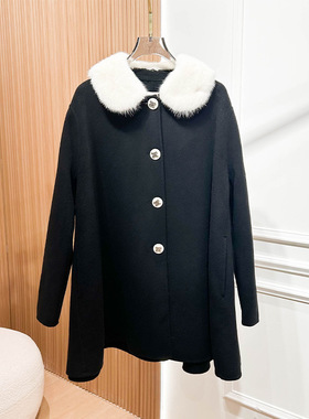 2025冬款黑色白色毛领优雅拼接A字宽松气质斗篷大衣外套XRJ7D08D