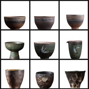 新中式茶室茶柜酒店摆件复古茶杯手工粗陶瓷功夫茶具窑变品茗杯子