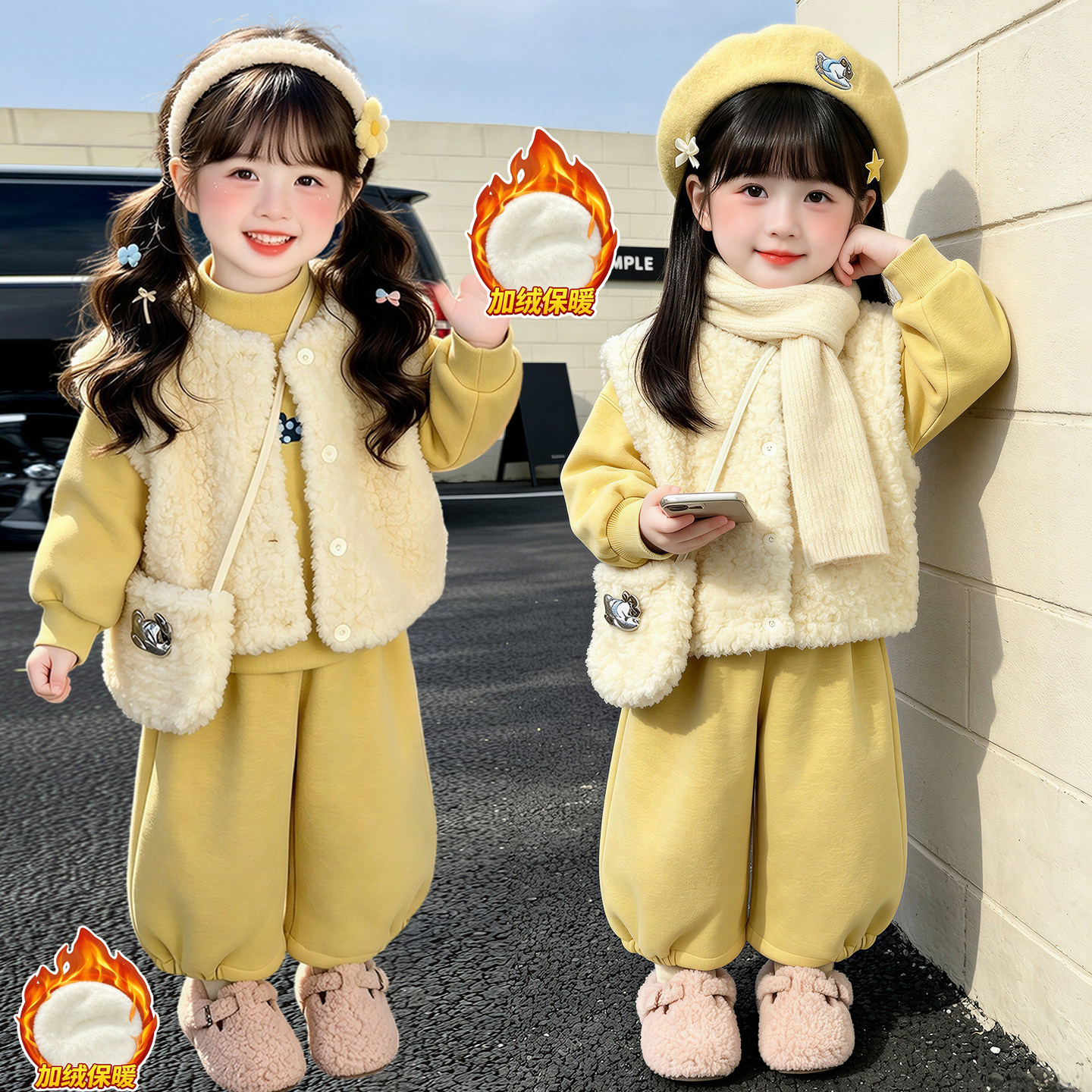 女童冬套装2026秋冬季新款小女孩加绒加厚马甲三件套女宝冬款衣服
