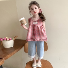 女童套装2025夏季新款儿童超好看红格子牛仔裤两件套宝宝夏装衣服