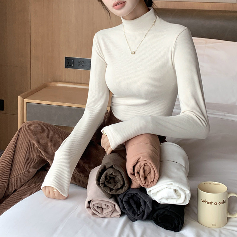 韩版宽条纹纯色半高领针织衫女士内搭打底衫秋冬上衣百搭修身