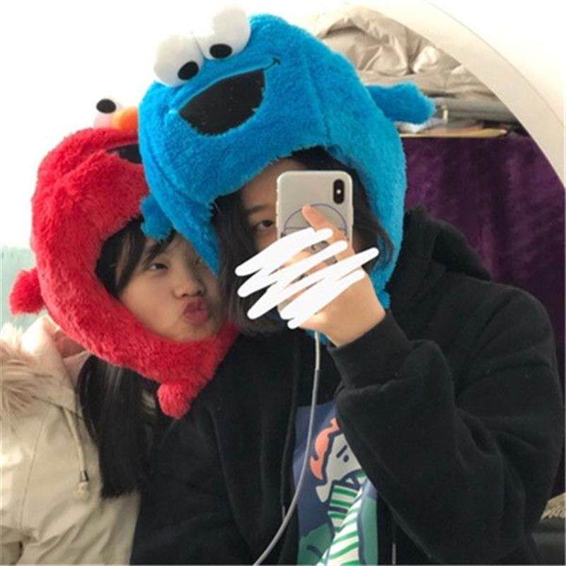 韩风少女心可爱毛绒眼睛芝麻街头套D拍照道具学生帽子软妹自拍写