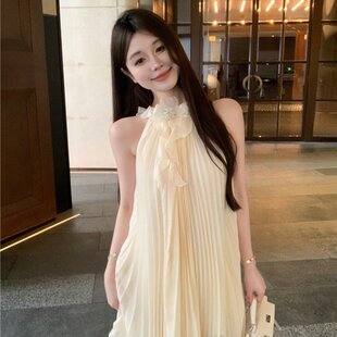 实价实拍春夏季荷叶边白色无袖挂脖雪纺连衣裙短款修女裙子含胸针