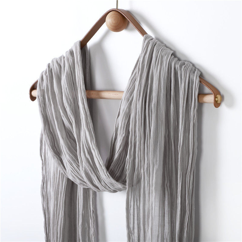 春夏纯色水洗禅意百搭流苏扎染全棉细长条飘带领巾褶皱棉麻围巾