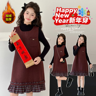 女童中国风连衣裙秋冬加绒加厚格纹拼接新年年服裙两件套背心裙