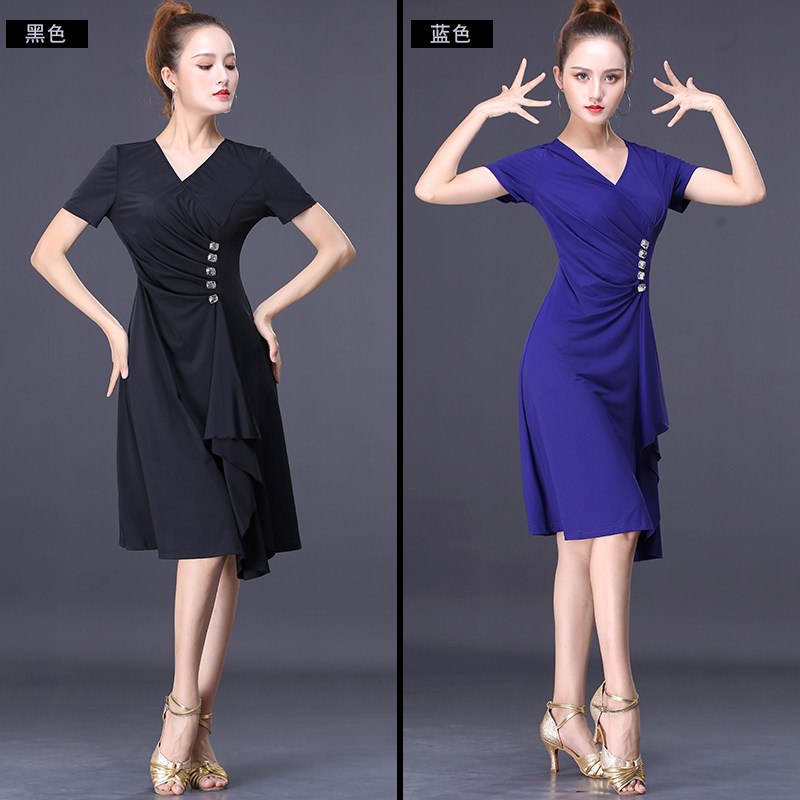 拉丁舞服女成年连衣裙练功服夏季短袖表演性感烫钻专业高档训练服
