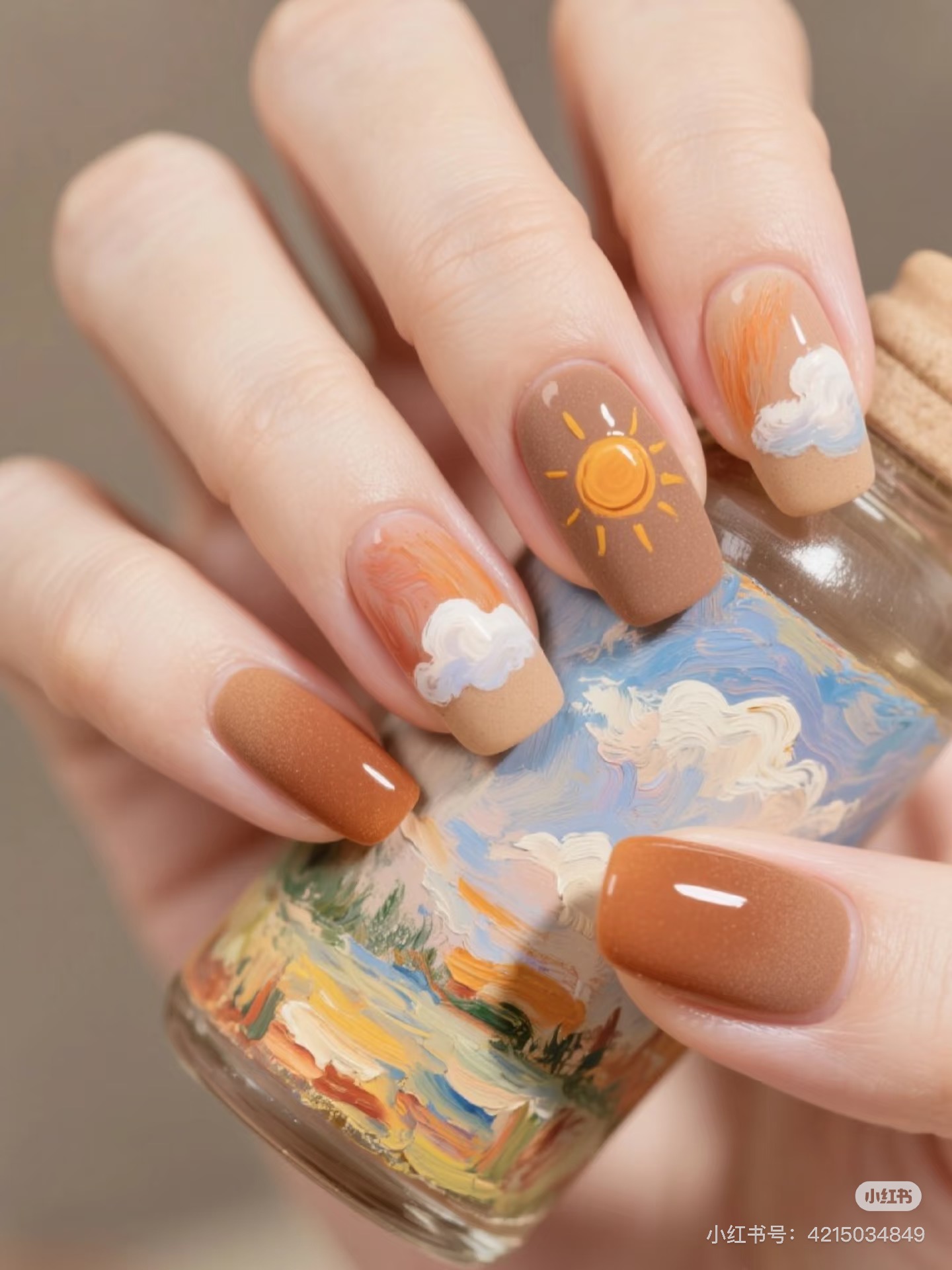 【初秋暖阳】涂鸦纯手工穿戴甲ins风磨砂高级感新中方美甲贴片假