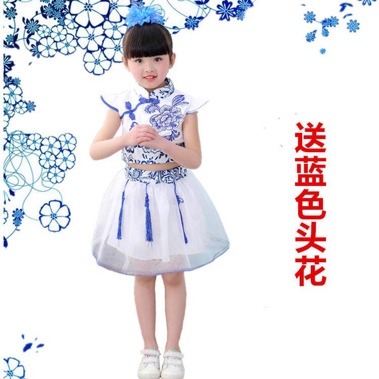 六一儿童舞蹈服男女演出服装少儿中国风青花瓷男女蓬蓬纱裙大合唱