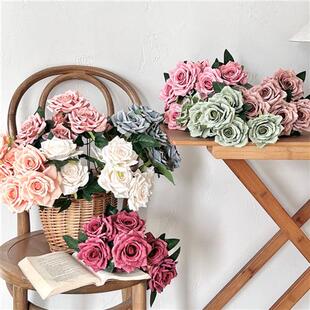 7头复古玫瑰花仿真花把束玫瑰卡布奇诺玫瑰家居装饰婚礼酒店布置