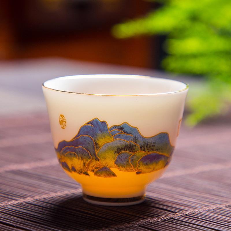 羊脂玉茶杯 品茗杯德化白瓷敬茶杯手工描金功夫茶具家用单杯茶盏