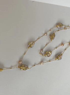 天然圆形巴洛克淡水珍珠碎花多戴项链