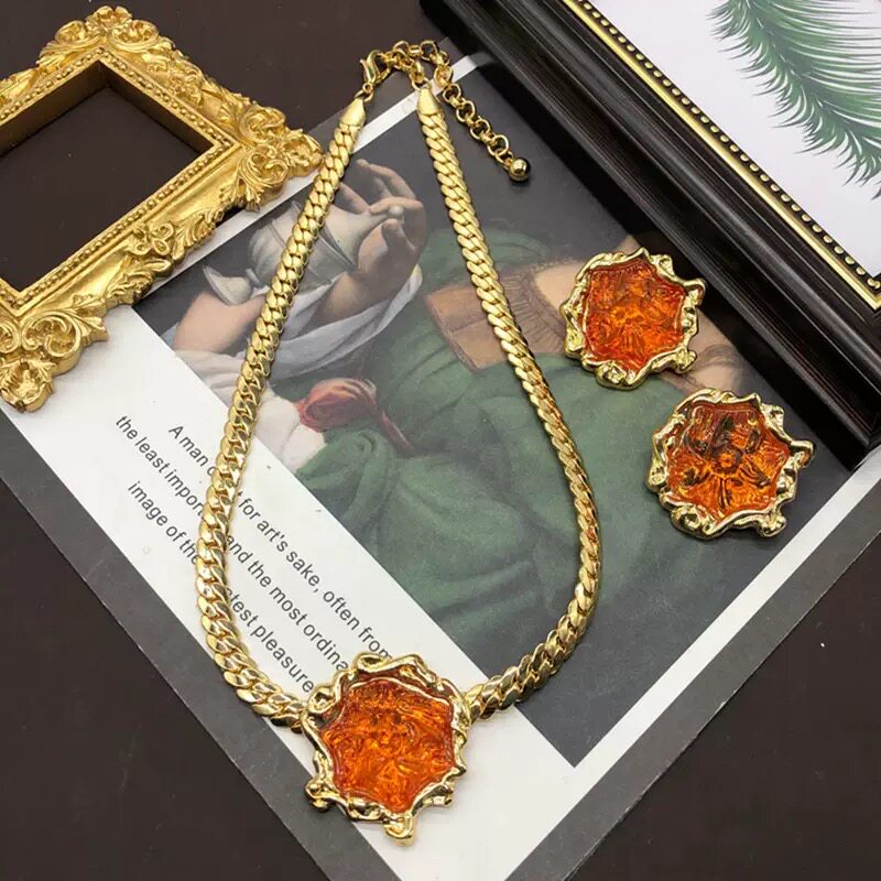 青岛中古风vintage欧美复古熔岩果冻铜链不规则几何项链耳环耳夹图片