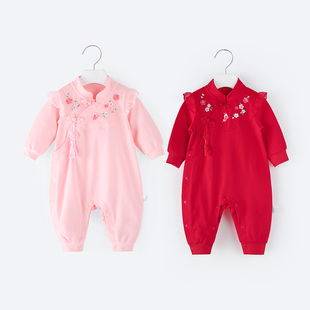 宝然婴儿汉服满月抓周礼服喜庆红色拜年服连体哈衣女宝宝旗袍6082