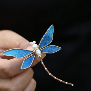 胸针旗袍精致时尚 胸花复古蓝 轻盈可爱布绒蜻蜓别针配饰 外套开衫