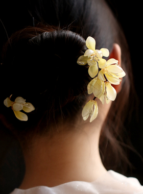 旗袍头饰嫩黄色发簪玉兰花簪子古风盘发u钗 发饰古典汉服配饰茶服