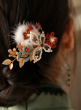 夹子头饰 发夹古典中国风 红色秀禾烧蓝汉服旗袍配饰新年边夹侧边