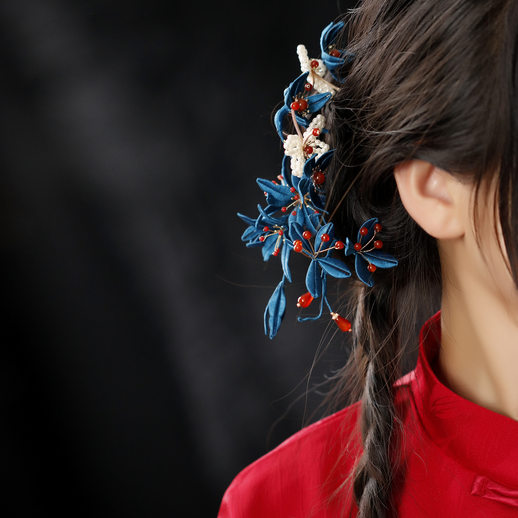 蓝色缠花发簪新中式蝴蝶发钗清汉