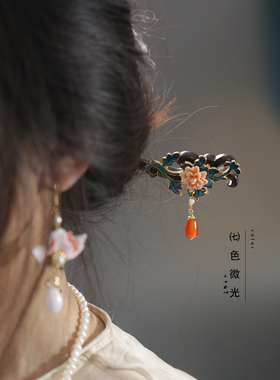 木簪烧蓝流苏头饰丸子头发饰盘发红色旗袍配饰国风经典茶服发簪女