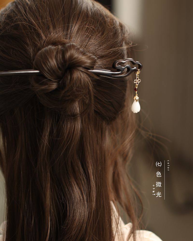 简约中式檀木木簪发簪木质丸子头头饰玉兰花吊坠日常高级旗袍