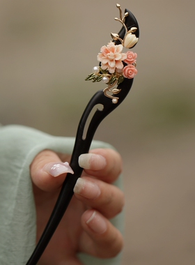 簪子简约现代檀木新中式花朵头饰
