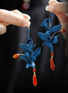 蓝色玫瑰花新中式耳环女缠花红色订婚耳饰古风旗袍配饰新娘