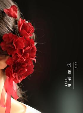 旗袍红色山茶花发夹中式侧边发饰森系仙美古风夹子清新耳边夹新娘
