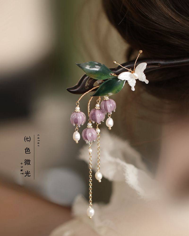 盘发发簪 紫色铃兰簪子旗袍汉服配饰 木簪黑檀木国风古典丸子头女