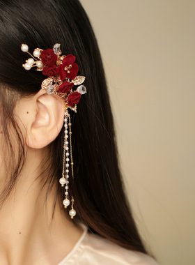 中式流苏夹子头饰旗袍配饰敬酒服茶服发夹侧边红色设计发卡后脑勺
