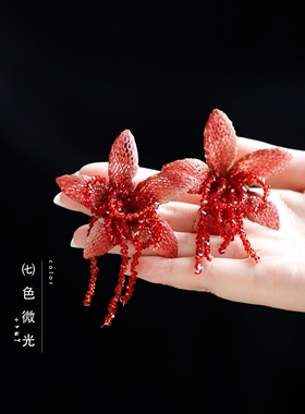 新中式刺绣百合无耳洞流苏耳夹