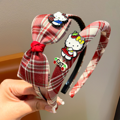 甜美红色格子KT猫发箍儿童头箍蝴蝶结系女童防滑不勒头高颅顶发饰
