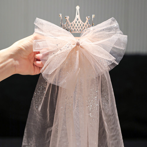 粉色皇冠网纱2025新款儿童生日头纱公主头饰女童发夹流苏发饰发卡