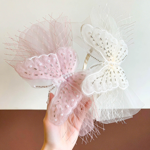 2025新款 扮芭蕾表演女童儿童头箍气质发饰头饰 网纱蝴蝶发箍生日装