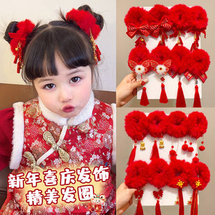 2026新年毛绒大肠发圈蝴蝶炮竹喜庆头饰儿童高弹力发绳拜年氛围感