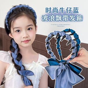 韩系儿童复古牛仔飘带一体编发发箍女童麻花辫带齿头箍高颅顶发饰