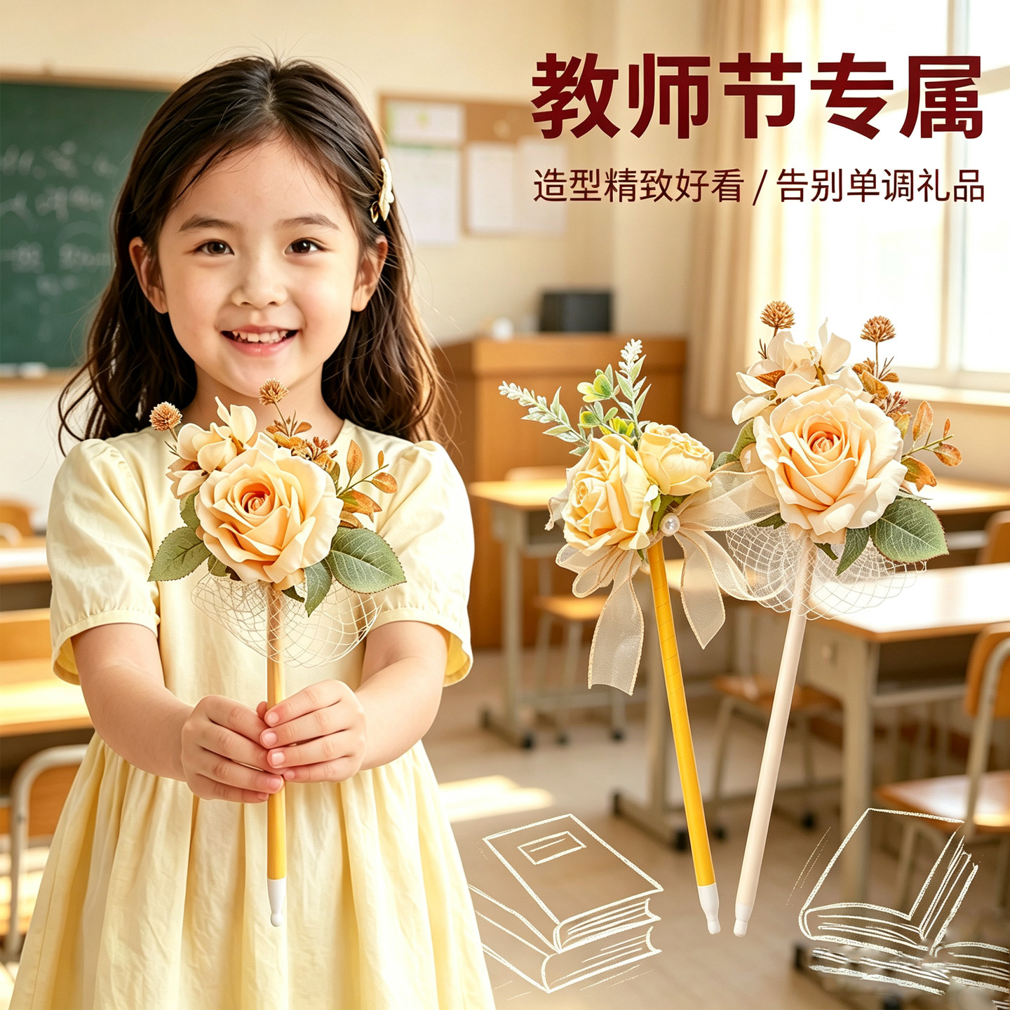 学生送恩师教师节花艺笔仿真玫瑰装饰圆珠笔礼品纪念礼物日常书写办公文具毕业感恩馈赠创意花朵笔组合套装