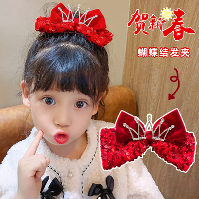 新年发饰女童红色蝴蝶结发夹头饰