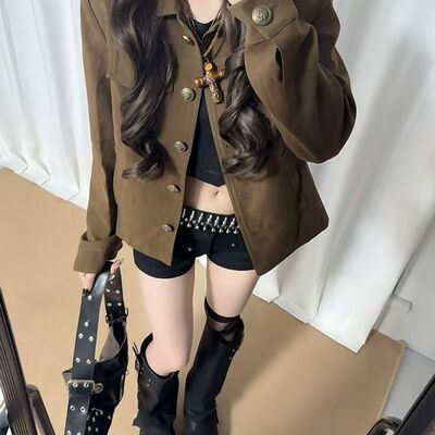 复古风秋季2025棕色外套设计故事感新款翻领酷风工装夹克拽