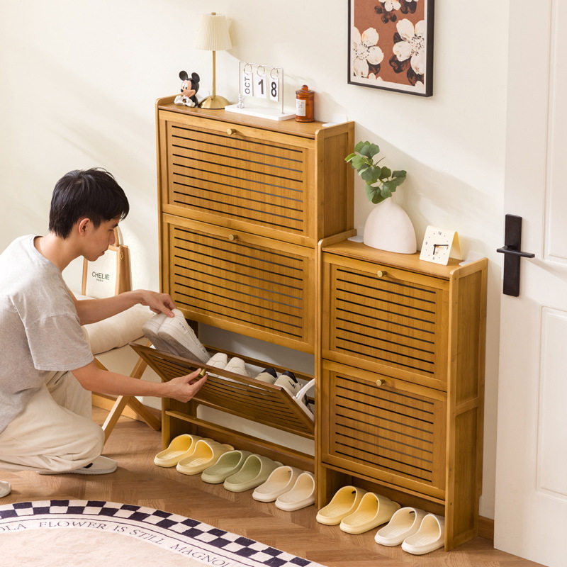 中古风超薄鞋柜家用门口2025新款复古黑色玄关柜入户翻斗储a0185