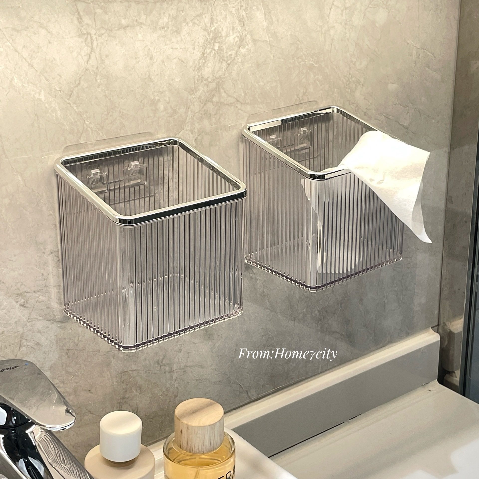 ins风竖条半透明浴室斜口收纳免打孔壁挂式洗脸巾牙刷梳子收纳筐,收纳整理,洗脸巾收纳盒,淘宝优惠券,粉丝福利购,淘宝优惠卷