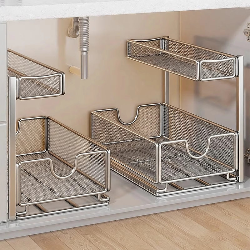 厨房下水槽抽拉式多层拉篮置物架多功能橱柜内分层收纳储物筐神器,收纳整理,橱柜收纳筐,淘宝优惠券,粉丝福利购,淘宝优惠卷