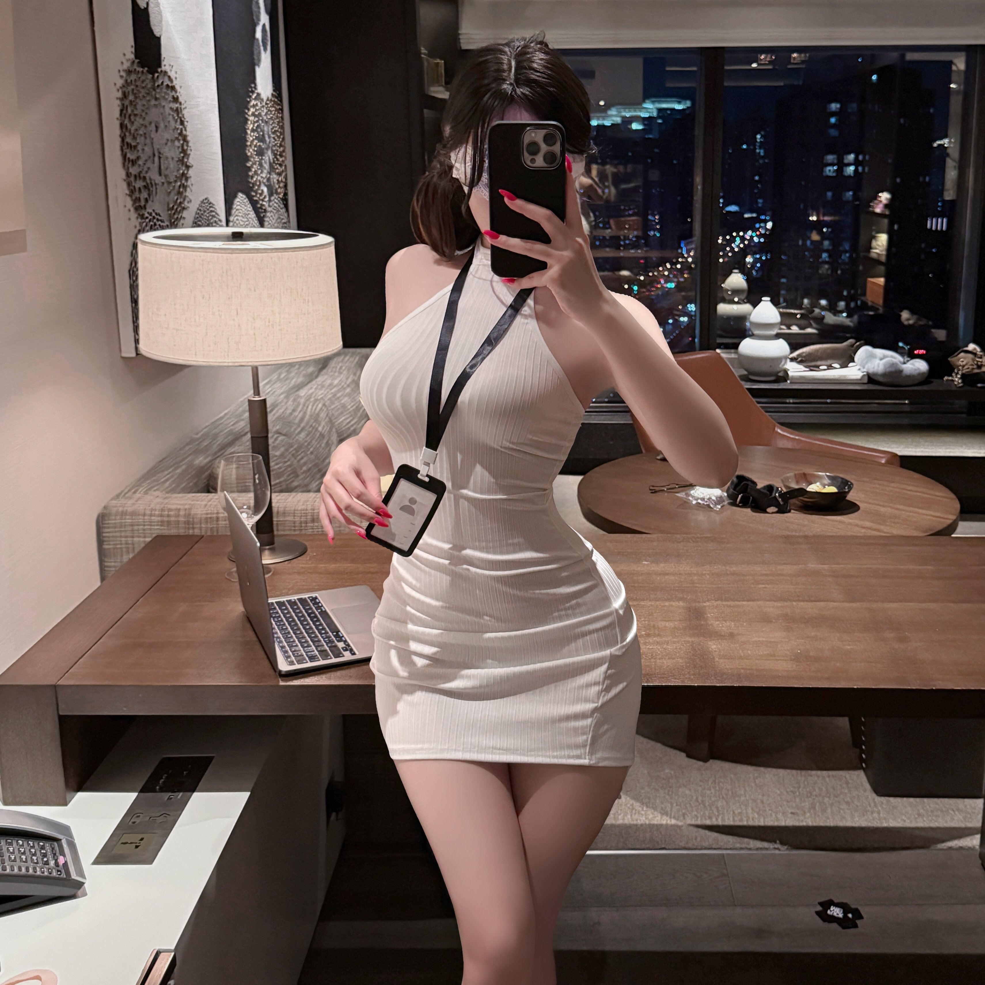 性感风白色挂脖包臀裙女秘书制服角色扮演约会内衣情qu肚兜cos服