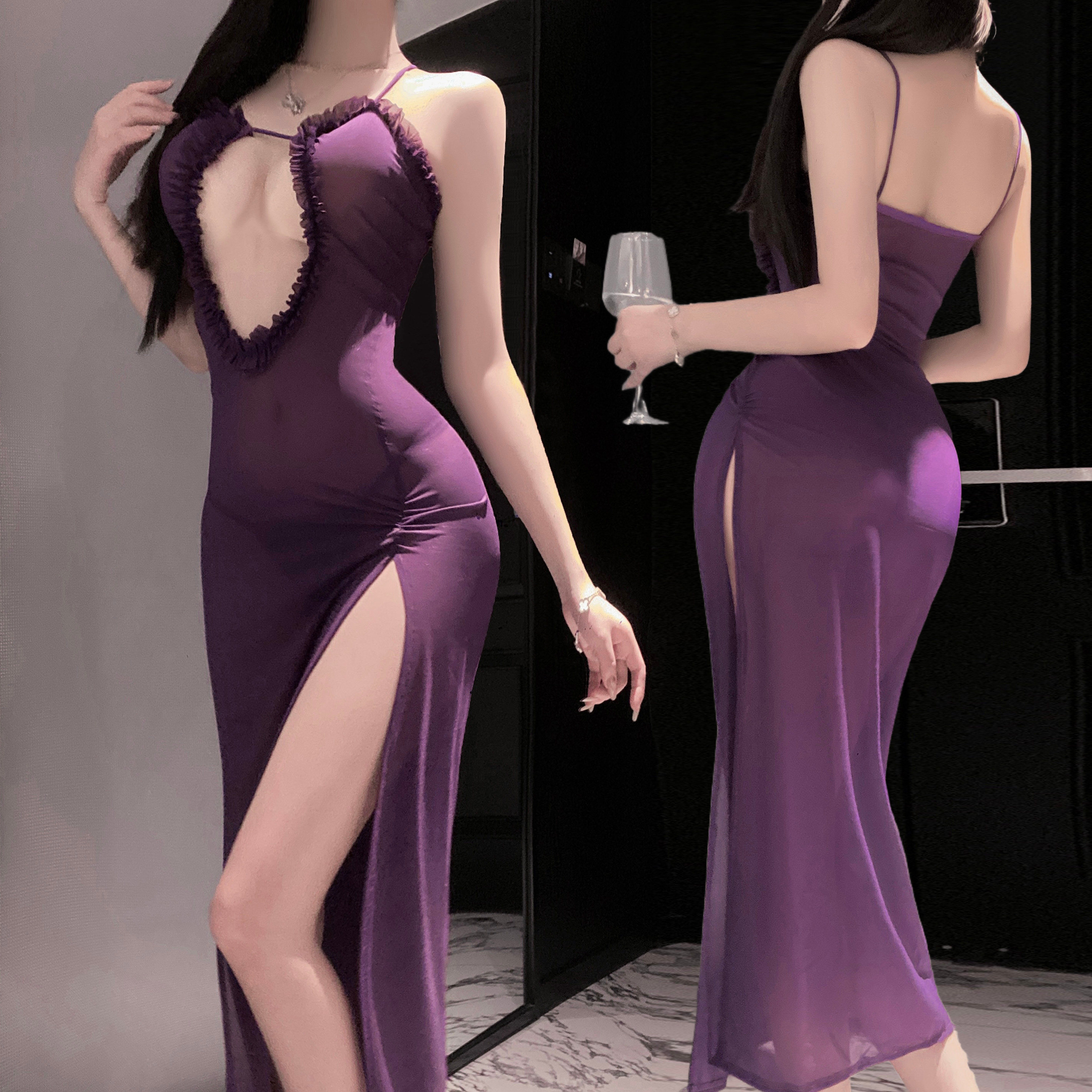 性感风紫色吊带睡裙女夏镂空开叉长裙高级感御姐修身睡衣大码qqny