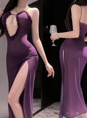 性感风紫色吊带睡裙女夏镂空开叉长裙高级感御姐修身睡衣大码qqny