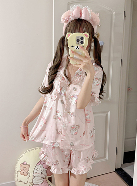 hello kitty凯蒂猫冰雪丝短袖睡衣女夏季花边可爱卡通学生家居服