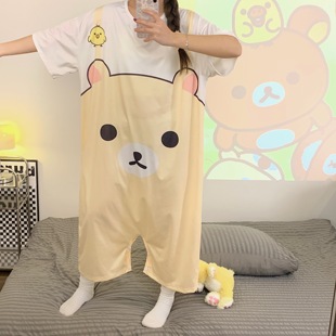 连体睡衣女轻松熊卡通可爱熊妹熊哥短袖大码胖MM一体式睡裙家居服