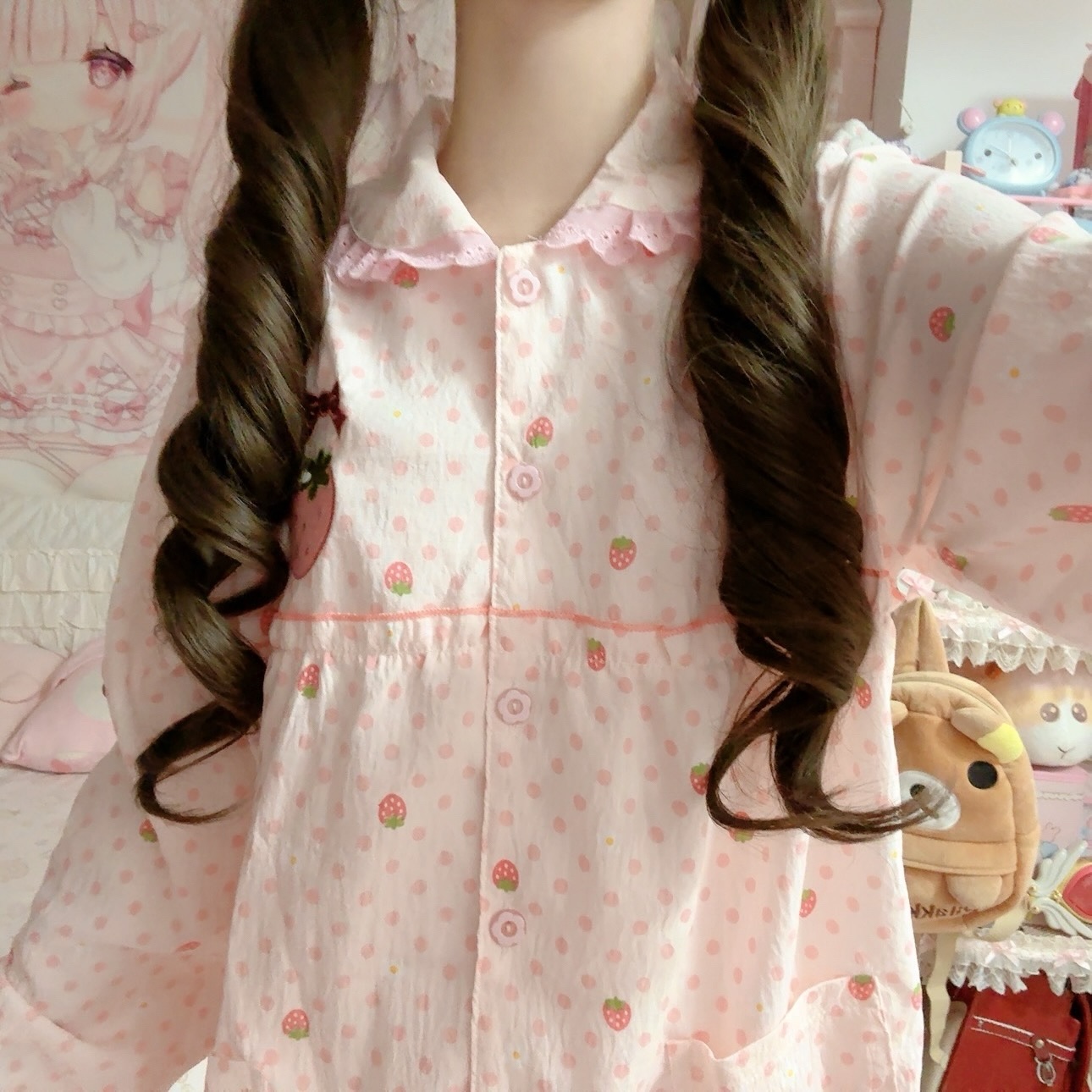 可爱刺绣草莓娃娃领睡衣女春秋季日系ins甜美花边长袖长裤家居服