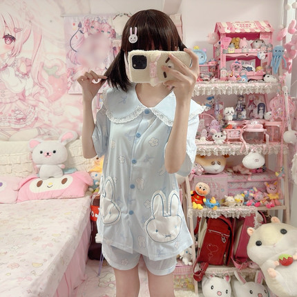 甜美娃娃领卡通蓝色miffy米菲兔睡衣女夏短袖短裤宽松家居服套装