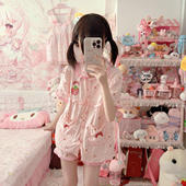 家居服学生外出套装 草莓刺绣睡衣女春夏季 短裤 短袖 显瘦娃娃领开衫