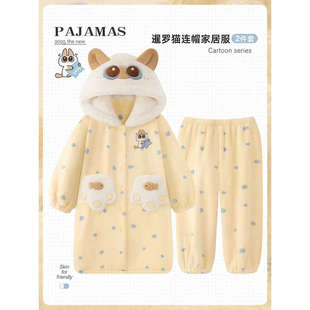 暹罗猫小豆泥连帽睡袍珊瑚绒加绒加厚睡衣女可爱卡通家居服套装冬