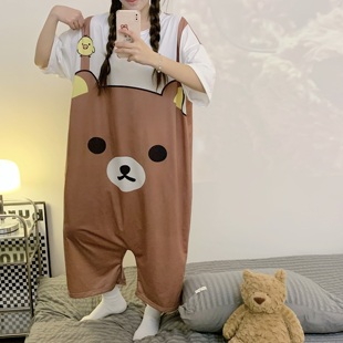 轻松熊连体睡衣女可爱卡通熊哥熊妹印花大码一体式短袖睡裙家居服